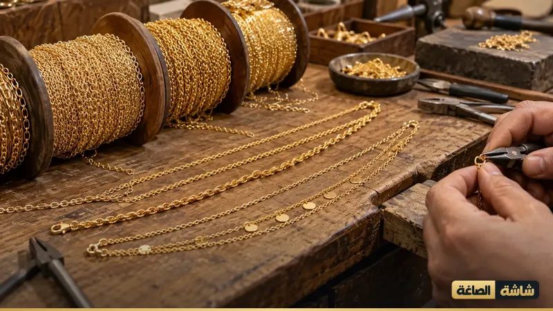 بكرات سلاسل ذهب في ورشة الصائغ